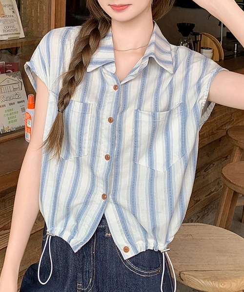 ONEP STAR（ワンピスター）の「ストライプ柄シャツ（シャツ/ブラウス・レディース・ライトブルー/ダークブルー・MEDIUM）」の3枚目の写真