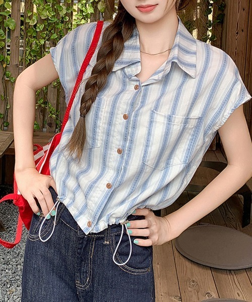 ONEP STAR（ワンピスター）の「ストライプ柄シャツ（シャツ/ブラウス・レディース・ライトブルー/ダークブルー・MEDIUM）」の4枚目の写真