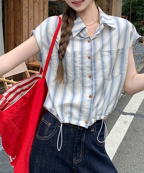 ONEP STAR（ワンピスター）の「ストライプ柄シャツ（シャツ/ブラウス・レディース・ライトブルー/ダークブルー・MEDIUM）」の5枚目の写真