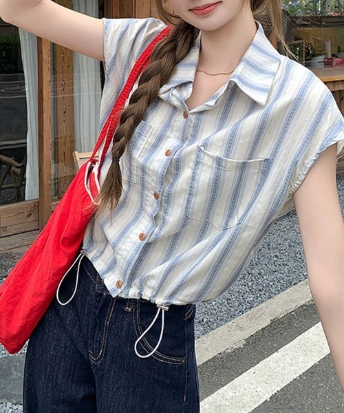 ONEP STAR（ワンピスター）の「ストライプ柄シャツ（シャツ/ブラウス・レディース・ライトブルー/ダークブルー・MEDIUM）」の6枚目の写真