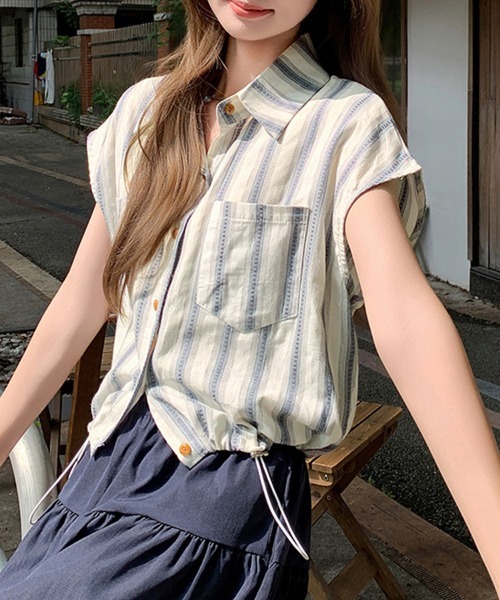 ONEP STAR（ワンピスター）の「ストライプ柄シャツ（シャツ/ブラウス・レディース・ライトブルー/ダークブルー・MEDIUM）」の10枚目の写真