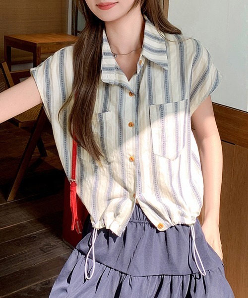 ONEP STAR（ワンピスター）の「ストライプ柄シャツ（シャツ/ブラウス・レディース・ライトブルー/ダークブルー・MEDIUM）」の11枚目の写真