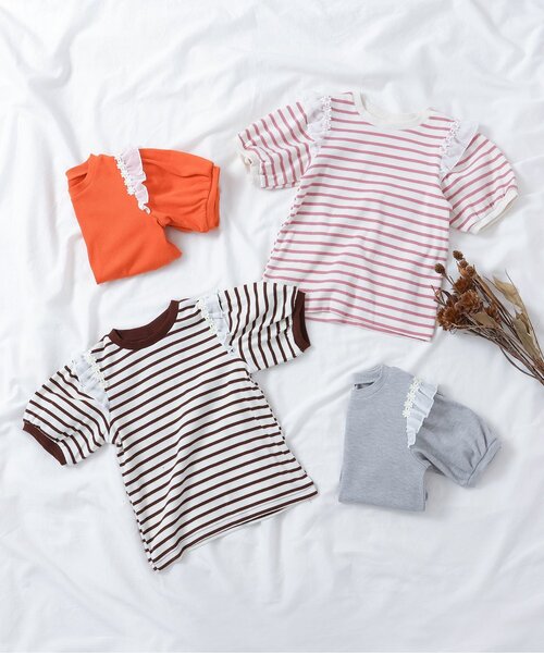 apres les cours（アプレレクール）の「【ジュニア対応】肩フリルフラワーモチーフTシャツ（Tシャツ/カットソー・キッズ・オレンジ/ブラウン/ピンク/グレー・80/90/100/110/120/130/140）」の17枚目の写真