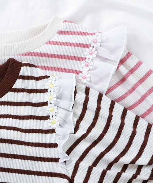 apres les cours（アプレレクール）の「【ジュニア対応】肩フリルフラワーモチーフTシャツ（Tシャツ/カットソー・キッズ・オレンジ/ブラウン/ピンク/グレー・80/90/100/110/120/130/140）」の18枚目の写真