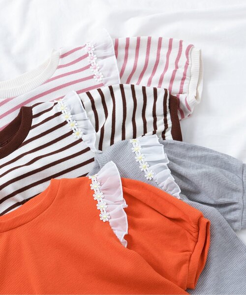 apres les cours（アプレレクール）の「【ジュニア対応】肩フリルフラワーモチーフTシャツ（Tシャツ/カットソー・キッズ・オレンジ/ブラウン/ピンク/グレー・80/90/100/110/120/130/140）」の19枚目の写真