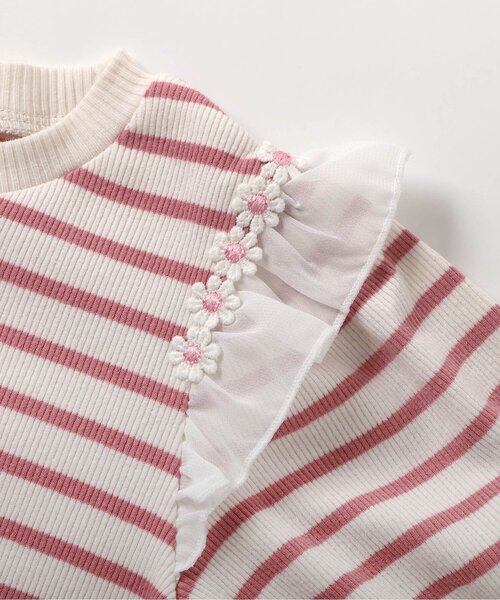 apres les cours（アプレレクール）の「【ジュニア対応】肩フリルフラワーモチーフTシャツ（Tシャツ/カットソー・キッズ・オレンジ/ブラウン/ピンク/グレー・80/90/100/110/120/130/140）」の9枚目の写真