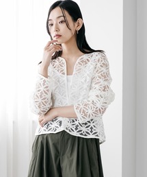 manielle 半袖ツイード×レースジャケット ノーカラー レース manielle 半袖ツイード×レースジャケット ノーカラー レース