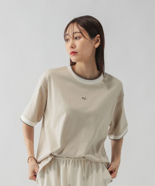 GLOBAL WORK(グローバルワーク)の「配色リブT半袖/587723(Tシャツ/カットソー・レディース・アイボリー/ブルー系その他2/グレイッシュベージュ・LARGE/MEDIUM)」の2枚目の写真