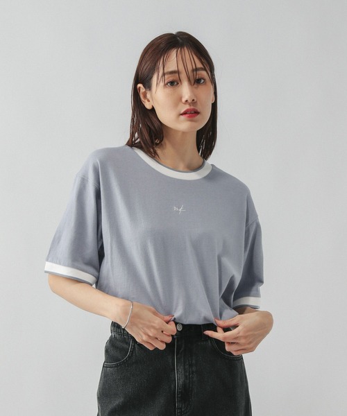 GLOBAL WORK(グローバルワーク)の「配色リブT半袖/587723(Tシャツ/カットソー・レディース・アイボリー/ブルー系その他2/グレイッシュベージュ・LARGE/MEDIUM)」の9枚目の写真