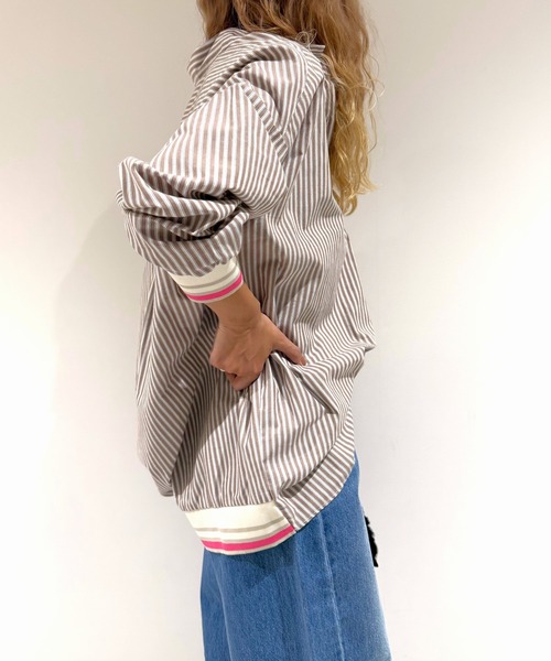 Q(キュー)の「ストライプリブドッキングシャツ(シャツ/ブラウス・レディース・ブラック系その他/ベージュ系その他/ネイビー系・MEDIUM)」の3枚目の写真