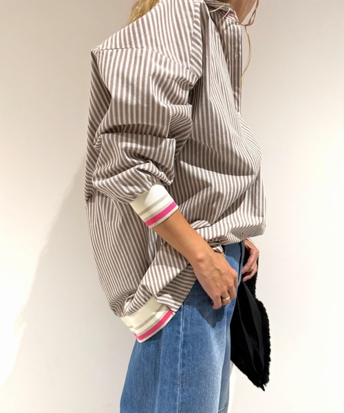 Q(キュー)の「ストライプリブドッキングシャツ(シャツ/ブラウス・レディース・ブラック系その他/ベージュ系その他/ネイビー系・MEDIUM)」の19枚目の写真