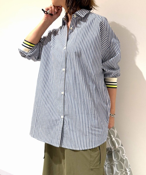 Q(キュー)の「ストライプリブドッキングシャツ(シャツ/ブラウス・レディース・ブラック系その他/ベージュ系その他/ネイビー系・MEDIUM)」の16枚目の写真