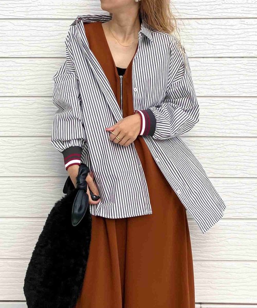 セール】ストライプリブドッキングシャツ（シャツ/ブラウス）｜Q