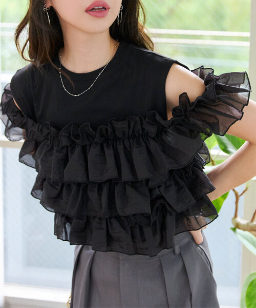 KOBE LETTUCE（コウベレタス）の「マルチウェイフリルビスチェドッキングTシャツ（Tシャツ/カットソー・レディース・オフホワイト/ブラック・M）」の2枚目の写真