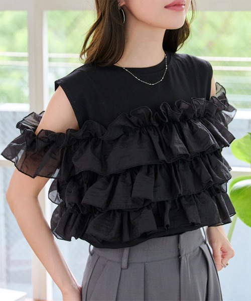 KOBE LETTUCE（コウベレタス）の「マルチウェイフリルビスチェドッキングTシャツ（Tシャツ/カットソー・レディース・オフホワイト/ブラック・M）」の11枚目の写真