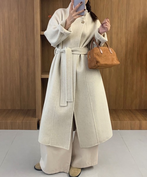 BANICO】スタンドカラー ベルト付きウールロングコート（その他