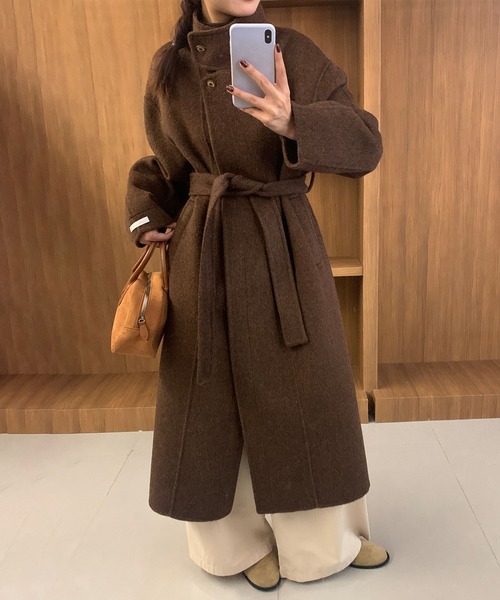 セール】【BANICO】スタンドカラー ベルト付きウールロングコート