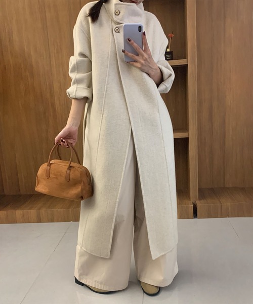 BANICO】スタンドカラー ベルト付きウールロングコート（その他