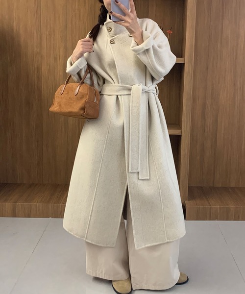 BANICO】スタンドカラー ベルト付きウールロングコート（その他