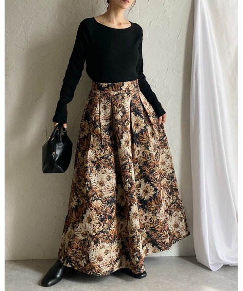 セール】Aラインフレアロング丈花柄フラワーゴブラン柄スカート