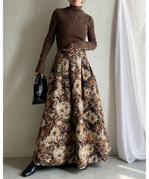 セール】Aラインフレアロング丈花柄フラワーゴブラン柄スカート