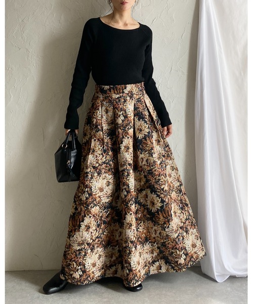 セール】Aラインフレアロング丈花柄フラワーゴブラン柄スカート