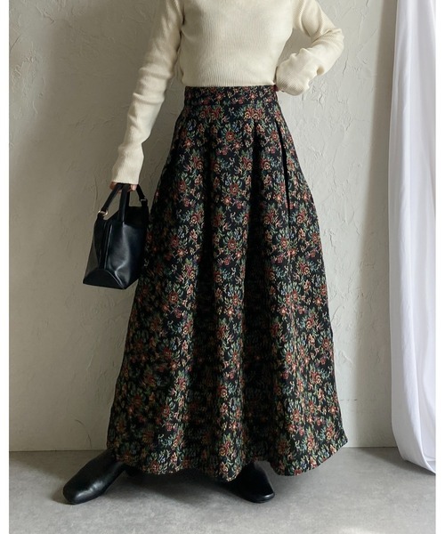 セール】Aラインフレアロング丈花柄フラワーゴブラン柄スカート