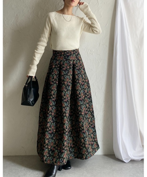 セール】Aラインフレアロング丈花柄フラワーゴブラン柄スカート