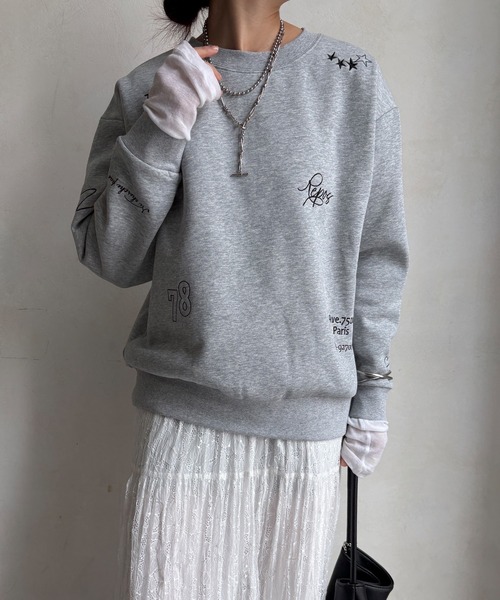 DouDou（ドゥドゥ）の「【WEB限定】裏毛裏起毛ランダム刺繍ロゴトップス（Tシャツ/カットソー・レディース・ベージュ/ライトグレー/チャコールグレー・FREE）」の10枚目の写真