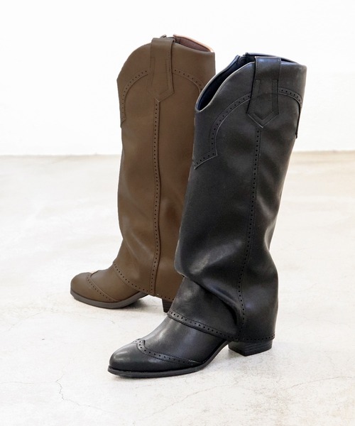 byあしながおじさん（バイアシナガオジサン）の「ウェスタンカバーロングブーツ　8990035（ブーツ・レディース・グレー/ブラック・S/M/L/LL）」の2枚目の写真