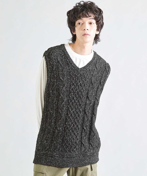 UNION STATION（ユニオンステーション）の「ネップアランケーブルベスト（ベスト・メンズ・ブラック/ブラウン・M/L）」の2枚目の写真