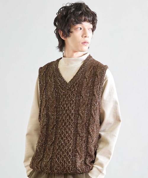 UNION STATION（ユニオンステーション）の「ネップアランケーブルベスト（ベスト・メンズ・ブラック/ブラウン・M/L）」の8枚目の写真