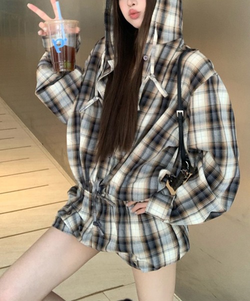 セール】セットアップ チェック柄フード付きシャツ×バルーンショート