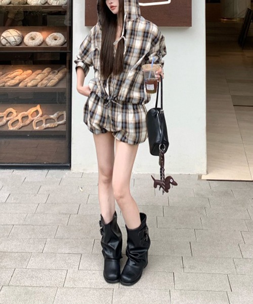 セール】セットアップ チェック柄フード付きシャツ×バルーンショート