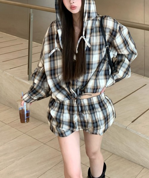 セール】セットアップ チェック柄フード付きシャツ×バルーンショート