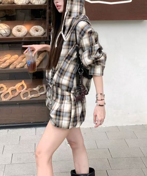 セール】セットアップ チェック柄フード付きシャツ×バルーンショート