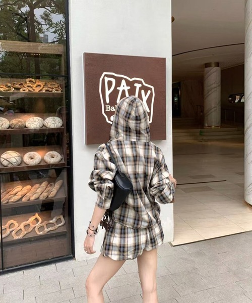 セール】セットアップ チェック柄フード付きシャツ×バルーンショート