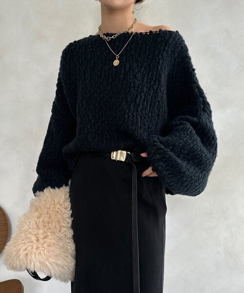 DouDou（ドゥドゥ）の「ウールスラブロービングニット（ニット/セーター・レディース・ネイビー/オフホワイト/オレンジ・FREE）」の3枚目の写真