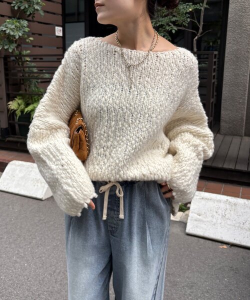 DouDou（ドゥドゥ）の「ウールスラブロービングニット（ニット/セーター・レディース・ネイビー/オフホワイト/オレンジ・FREE）」の2枚目の写真