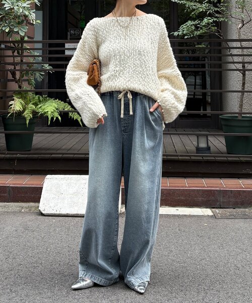 DouDou（ドゥドゥ）の「ウールスラブロービングニット（ニット/セーター・レディース・ネイビー/オフホワイト/オレンジ・FREE）」の9枚目の写真