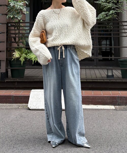 DouDou（ドゥドゥ）の「ウールスラブロービングニット（ニット/セーター・レディース・ネイビー/オフホワイト/オレンジ・FREE）」の10枚目の写真