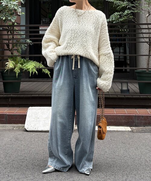 DouDou（ドゥドゥ）の「ウールスラブロービングニット（ニット/セーター・レディース・ネイビー/オフホワイト/オレンジ・FREE）」の11枚目の写真