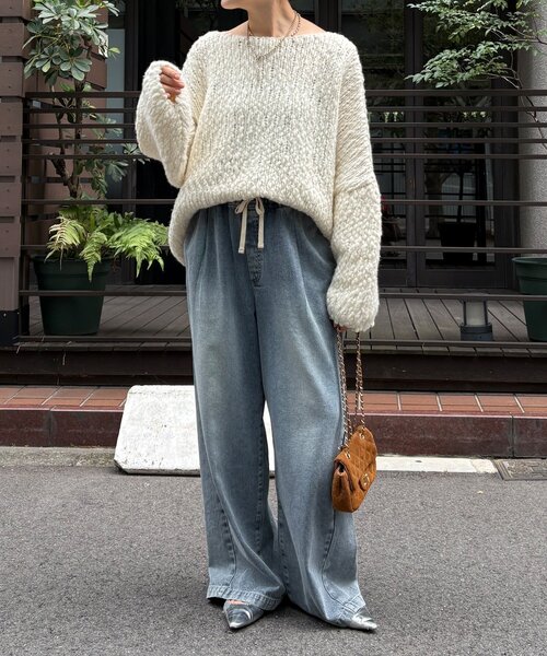 DouDou（ドゥドゥ）の「ウールスラブロービングニット（ニット/セーター・レディース・ネイビー/オフホワイト/オレンジ・FREE）」の12枚目の写真