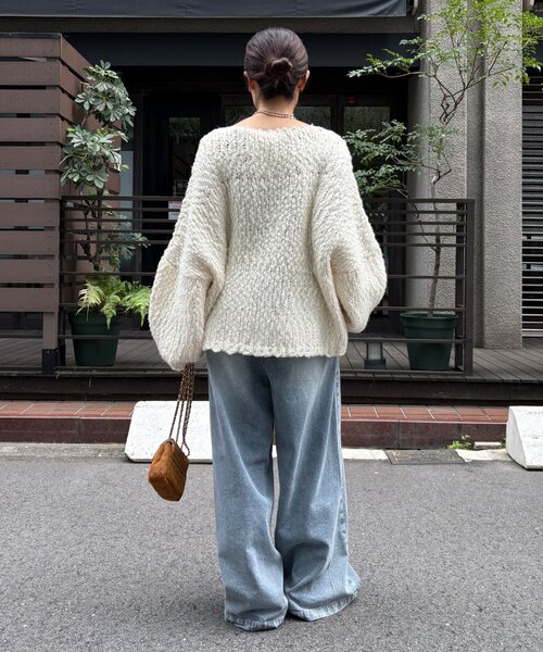 DouDou（ドゥドゥ）の「ウールスラブロービングニット（ニット/セーター・レディース・ネイビー/オフホワイト/オレンジ・FREE）」の13枚目の写真