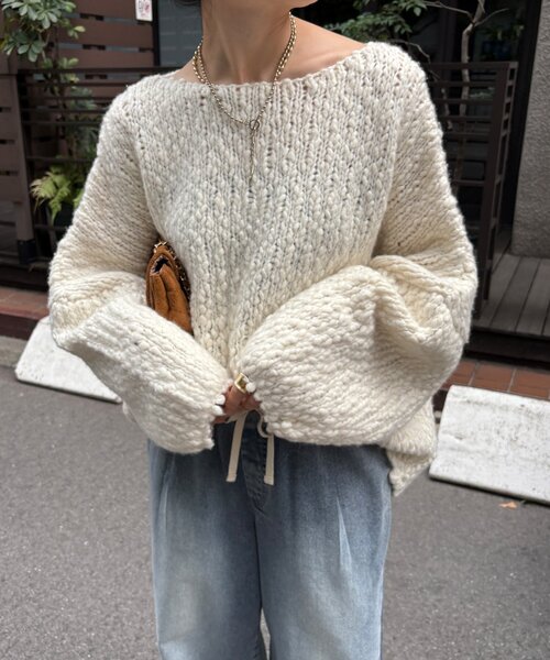 DouDou（ドゥドゥ）の「ウールスラブロービングニット（ニット/セーター・レディース・ネイビー/オフホワイト/オレンジ・FREE）」の14枚目の写真