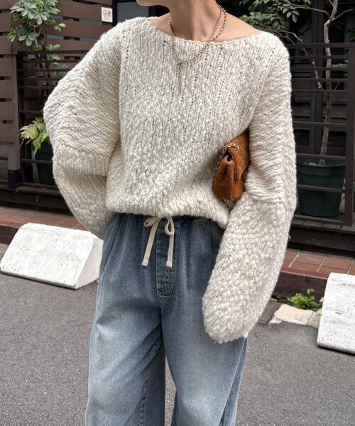 DouDou（ドゥドゥ）の「ウールスラブロービングニット（ニット/セーター・レディース・ネイビー/オフホワイト/オレンジ・FREE）」の15枚目の写真