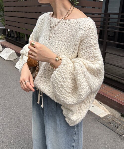 DouDou（ドゥドゥ）の「ウールスラブロービングニット（ニット/セーター・レディース・ネイビー/オフホワイト/オレンジ・FREE）」の16枚目の写真