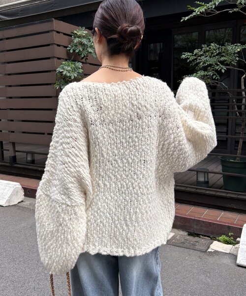 DouDou（ドゥドゥ）の「ウールスラブロービングニット（ニット/セーター・レディース・ネイビー/オフホワイト/オレンジ・FREE）」の17枚目の写真