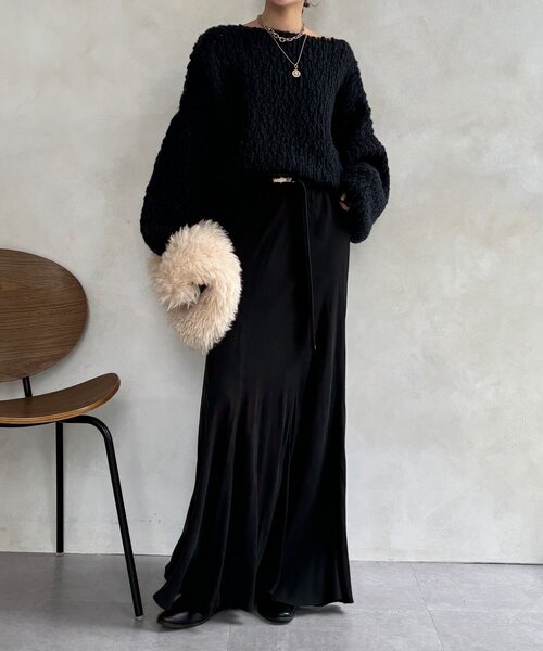 DouDou（ドゥドゥ）の「ウールスラブロービングニット（ニット/セーター・レディース・ネイビー/オフホワイト/オレンジ・FREE）」の18枚目の写真