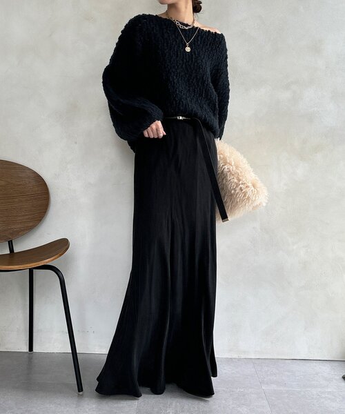 DouDou（ドゥドゥ）の「ウールスラブロービングニット（ニット/セーター・レディース・ネイビー/オフホワイト/オレンジ・FREE）」の19枚目の写真